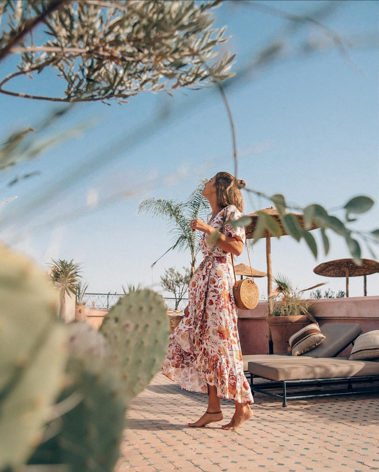 Girl enjoying the sunshine on a rooftop in Marrakech, Morocco
