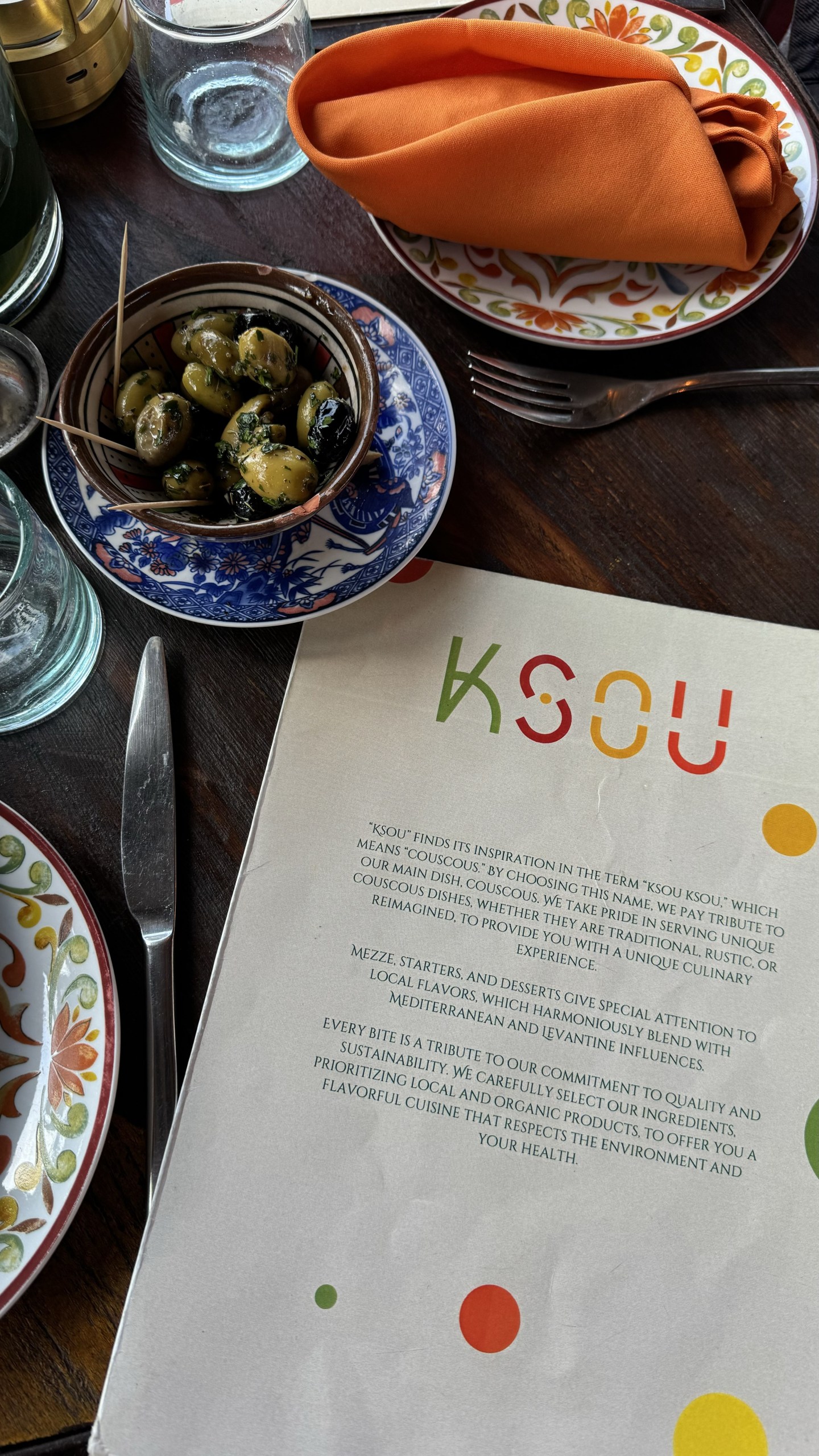 Dinner menu from Ksou, a ldelicious ocal Berber restaurant